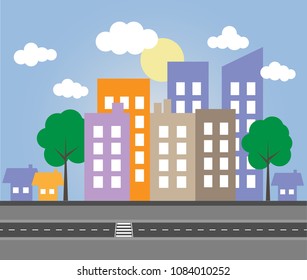 city skyline with clouds and sun