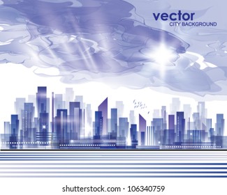 City skyline with cloudy sunset