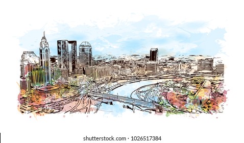 City skyline of Columbus City in Ohio, USA. Watercolor splash with hand drawn sketch illustration in vector.