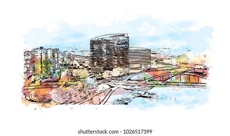 City skyline of Columbus City in Ohio, USA. Watercolor splash with hand drawn sketch illustration in vector.