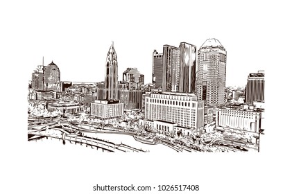 City skyline of Columbus City in Ohio, USA. Hand drawn sketch illustration in vector.