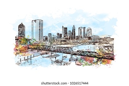 City skyline of Columbus City in Ohio, USA. Watercolor splash with hand drawn sketch illustration in vector.