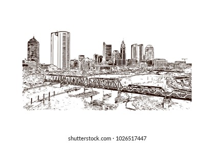 City skyline of Columbus City in Ohio, USA. Hand drawn sketch illustration in vector.