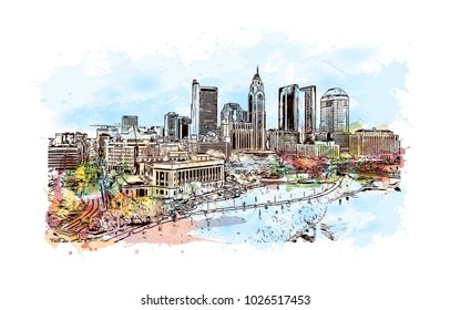 City skyline of Columbus City in Ohio, USA. Watercolor splash with hand drawn sketch illustration in vector.