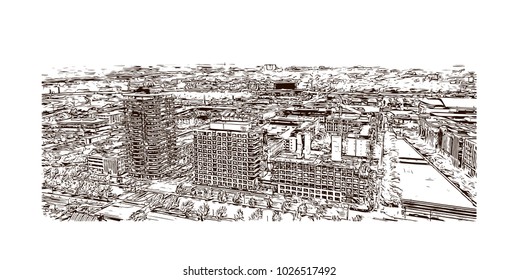 City skyline of Columbus City in Ohio, USA. Hand drawn sketch illustration in vector.