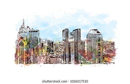 City skyline of Columbus City in Ohio, USA. Watercolor splash with hand drawn sketch illustration in vector.