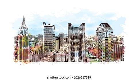City skyline of Columbus City in Ohio, USA. Watercolor splash with hand drawn sketch illustration in vector.