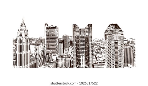 City skyline of Columbus City in Ohio, USA. Hand drawn sketch illustration in vector.