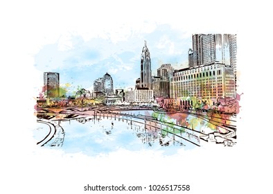 City skyline of Columbus City in Ohio, USA. Watercolor splash with hand drawn sketch illustration in vector.