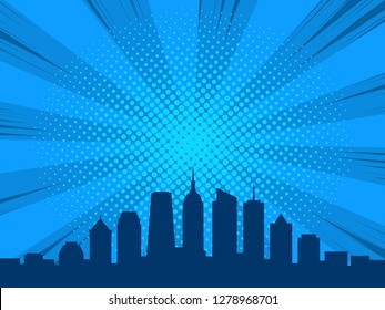 City skyline in comic book style, illustration of urban downtown skyscrapers, vector background