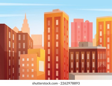 Concepto de perfil urbano. Arquitectura urbana y edificios altos, fachada y exterior. Panorama y paisaje horizontal de la ciudad moderna. Vista de la metrópolis, distrito. Dibujo vectorial plano de dibujos animados