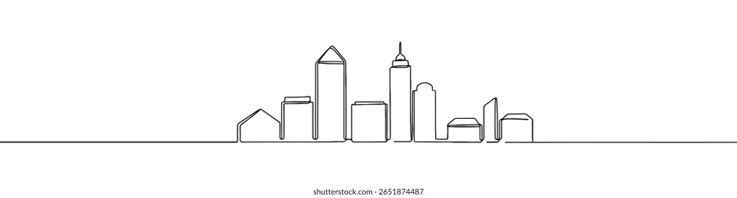 Cidade skyline contínuo um desenho de linha. Símbolo de construção. Ilustração vetorial.