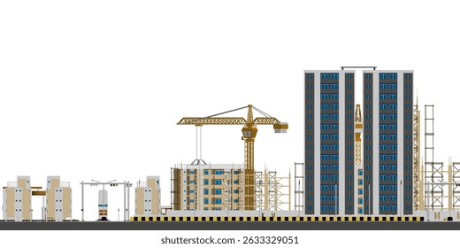Um horizonte da cidade com um guindaste em primeiro plano. Os edifícios são altos e a cidade parece estar em processo de construção