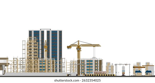 A city skyline with a crane in the middle. The buildings are tall and the city is bustling with activity