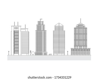 Ilustración del diseño de vectores aislados decorativos en el horizonte de la ciudad. Oficinas De Rascacielos Edificios De Negocios Planos Set. 