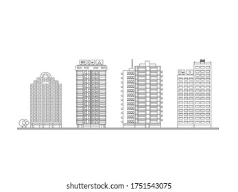 City Skyline Decorative Isolated Vector Blueprint Illustration. Skyscraper Offices Flat Business Buildings Set. 