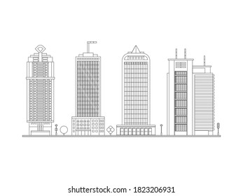 Ilustración de vectores aislados decorativos en el horizonte de la ciudad. Oficinas De Rascacielos Edificios De Negocios Planos Set. 