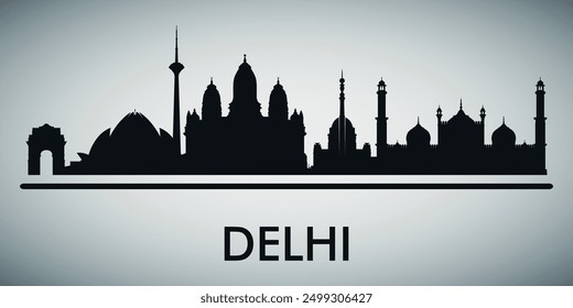 The city skyline. Delhi. Silhouettes of buildings. Vector on a gray background