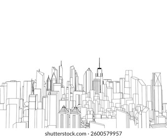 A city skyline is drawn in black and white. The buildings are tall and the sky is clear
