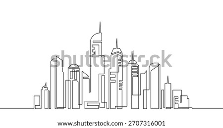 City skyline drawn with a continuous line. One line drawing of skyscrapers for architecture, construction, and real estate concept. Vector illustration.