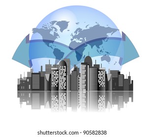 City skyline with earth background and arrows for international business
