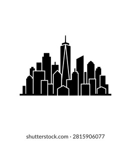 City skyline featuring one prominent tall skyscraper among surrounding buildings, solid black silhouette vector illustration