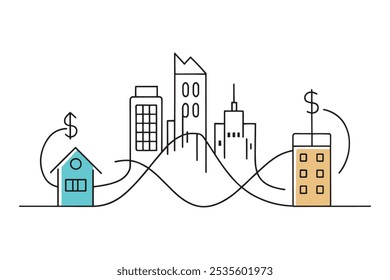 City skyline featuring a prominent dollar sign, symbolizing a business idea and economic growth isolated doodle line art flat vector illustration on white background.