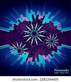City skyline with festive fireworks. Glowing light over the city. View from below. Vector holiday cityscape