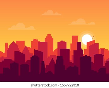 City skyline in flat style. City buildings silhouette in evening. Vector illustration.