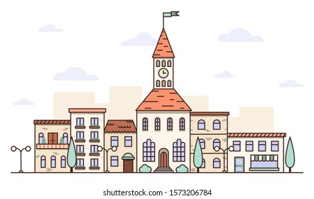 City skyline flat vector illustration with a city hall. Thin line art design for web, site, banner. Flat linear cityscape illustration of small town street with town hall.