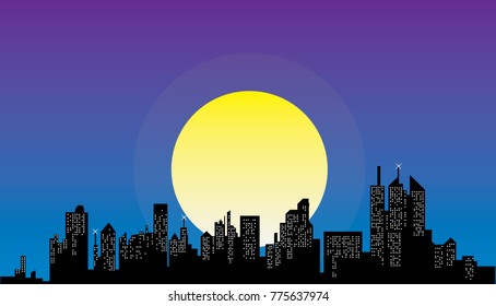 city skyline and full moon - vector 