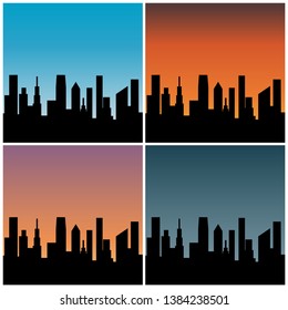 city skyline with gradient sunset backgrounds