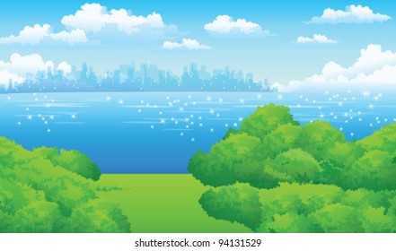 City Skyline with Green landscape and waterfront