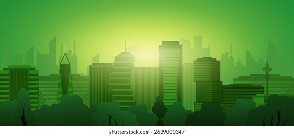 City skyline in green tones highlighting tall buildings and detailed architectural elements.