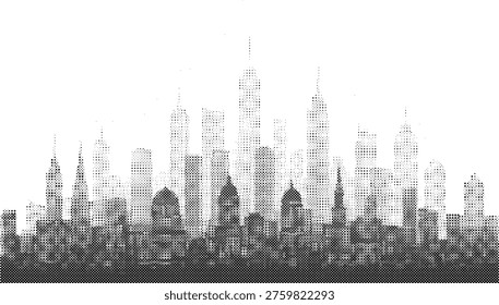 city skyline halftone risograph urban cityscape buildings skyscrapers metropolis architecture screentone vintage retro silhouette landscape panoramic towers structure