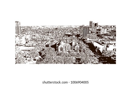 City Skyline of Houston City in Texas, USA. Hand drawn sketch illustration in vector.