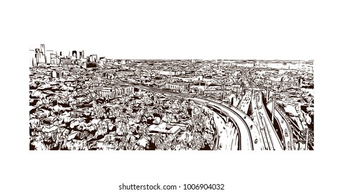 City Skyline of Houston City in Texas, USA. Hand drawn sketch illustration in vector.