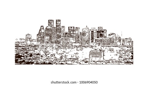 City Skyline of Houston City in Texas, USA. Hand drawn sketch illustration in vector.