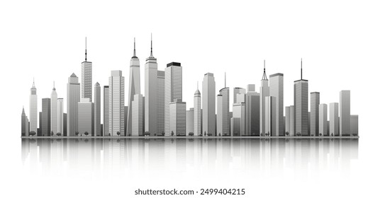 City skyline isolated on white background. Skyscraper, modern cityscape buildings