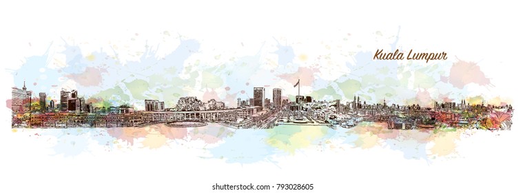 City Skyline Kuala Lumpur, Capital of Malaysia. Watercolor splash with hand drawn sketch illustration in vector.