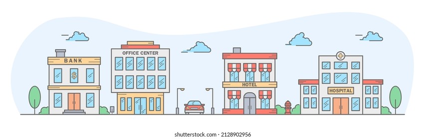 City skyline. Landscape with row houses of bank, office center, hotel, hospital. Street horizontal panorama. Vector illustration