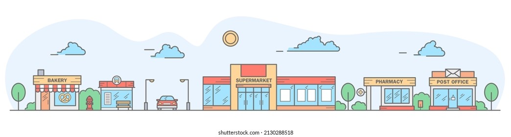 City skyline. Landscape with row houses of bakery, bus stop, super market, pharmacy and post office. Street horizontal panorama. Vector illustration.