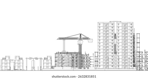 A city skyline with a large building in the middle. The building is being constructed and has a crane on top