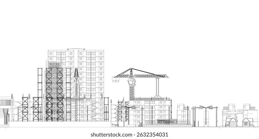 A city skyline with a large crane in the middle. The crane is surrounded by scaffolding and is the tallest structure in the scene. The skyline is filled with buildings of various heights