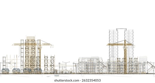 A city skyline with a large crane in the middle. The buildings are tall