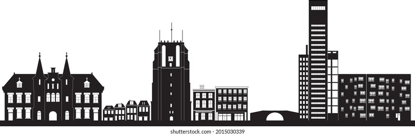 the city skyline of leeuwarden with landmarks like the church and the blokhuispoort and the campus