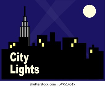 City Skyline with Lights. Urban buildings in silhouette against a night sky. Lights in windows, spotlights, and a full moon glow. Room for text example "City Lights."