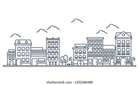 City skyline  in line art style, Landscape with houses, trees and clouds in white background for real estate and property banner