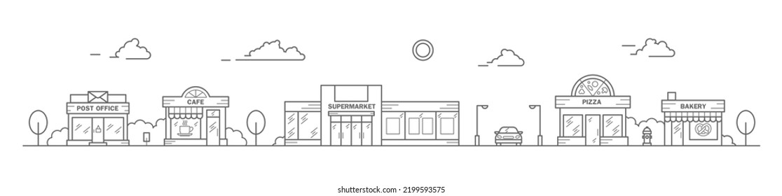 City skyline in line art style. Landscape with row houses of bakery, super market, cafe and post office. Street horizontal panorama. Vector illustration