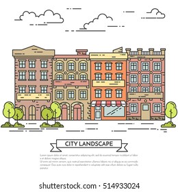 City skyline in line art style - landscape with houses, trees and clouds. Isolated vector illustration of beautiful cityscape for real estate and property banner or card.